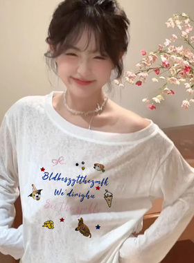 ins风小众设计感印花t恤衫防晒女款夏季白色宽松百搭休闲露肩上衣