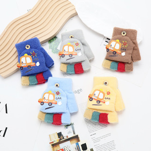 卡通可爱半指翻盖针织毛线防寒保暖手套儿童手套挖掘机男童秋冬季