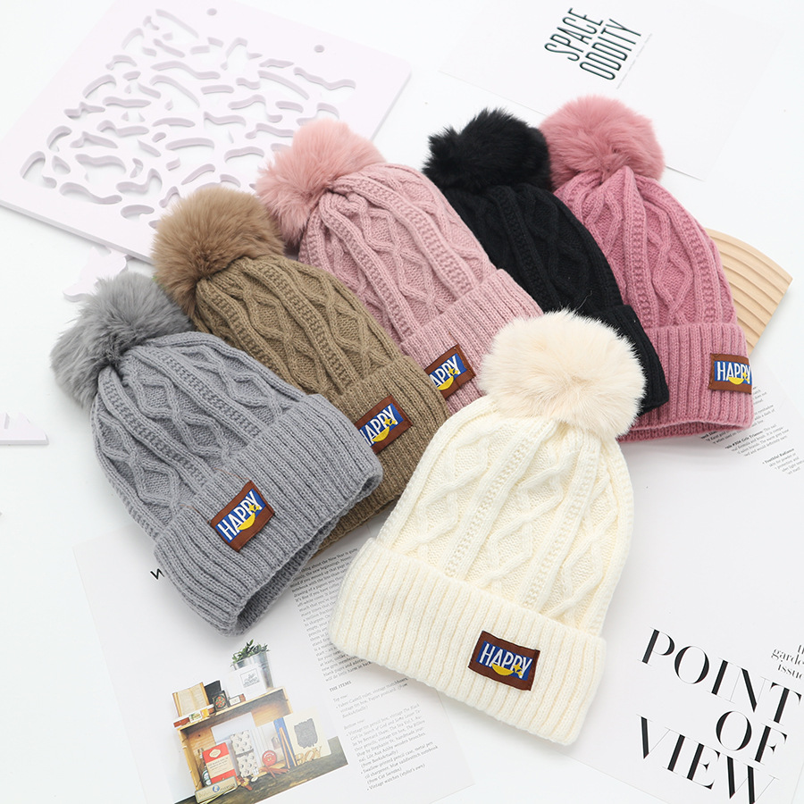 毛线帽秋冬加绒防风毛球套头帽韩版潮流字母学生针织帽女户外防风