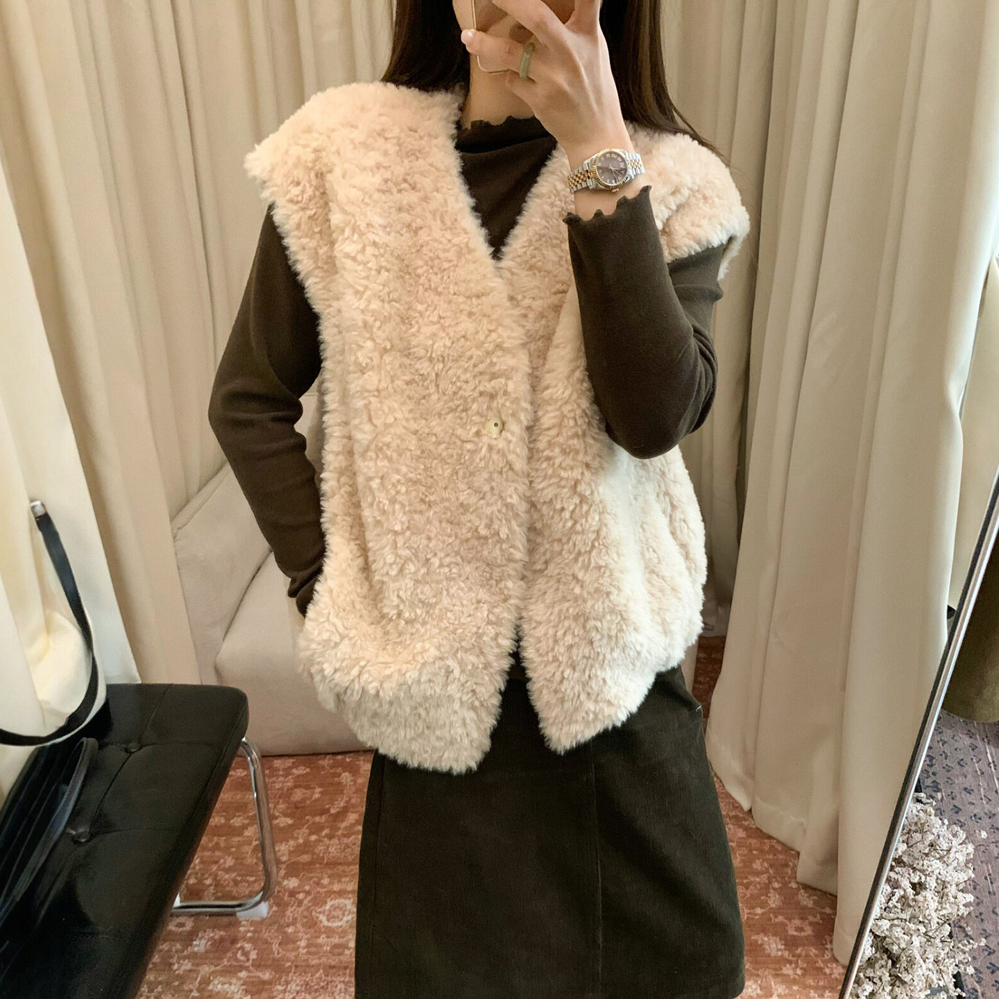复古V领羊羔毛马甲外套女欧洲站