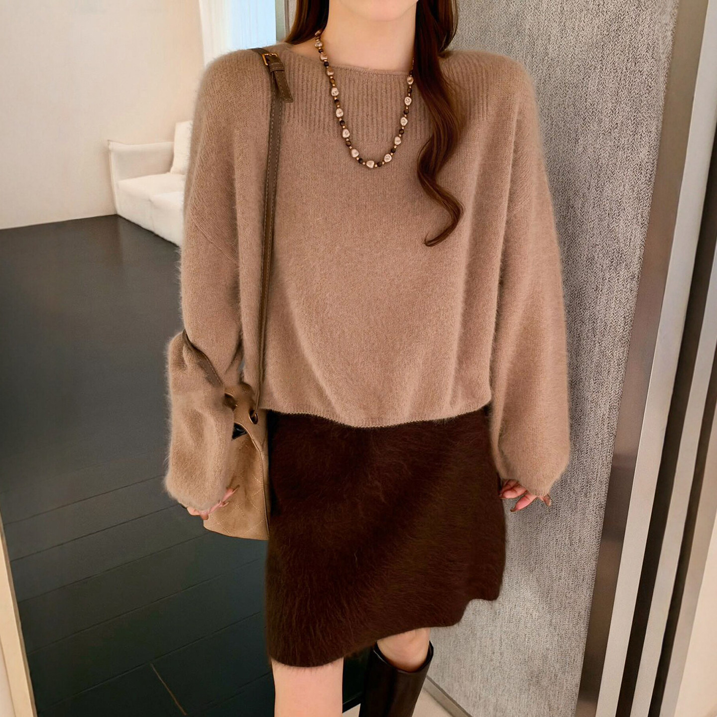 一字领灯笼袖狐狸毛针织衫女欧货