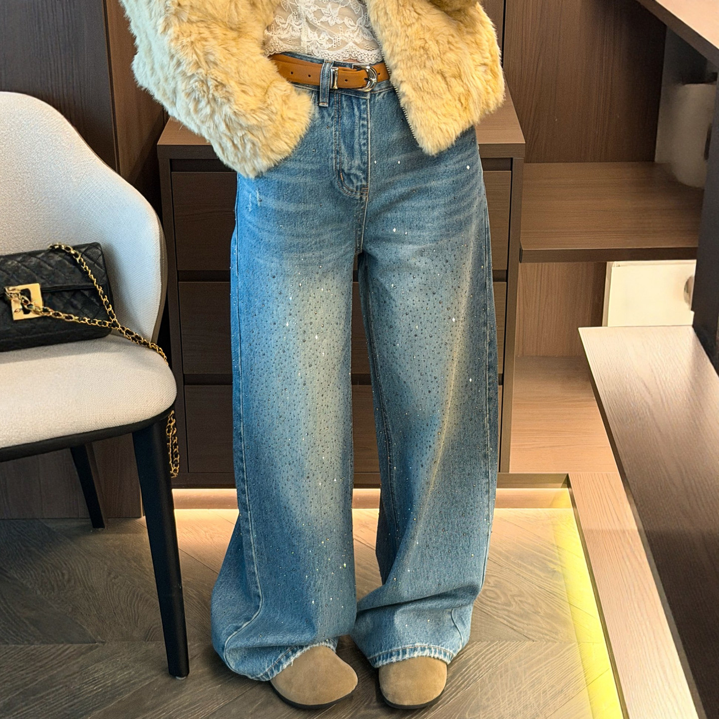 重工烫钻拖地阔腿牛仔裤女欧洲站2025冬装新款欧货女装拖地裤子潮