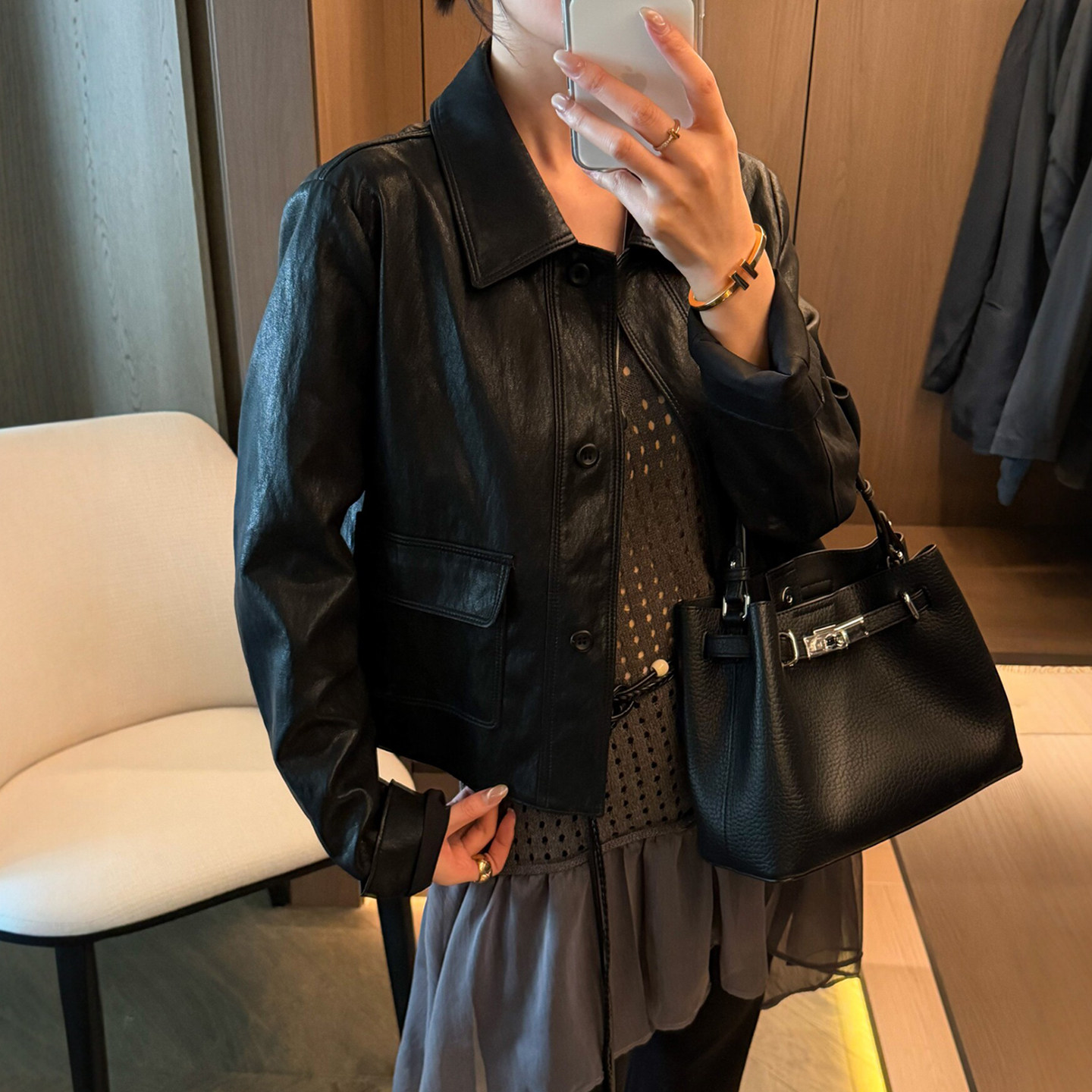 复古翻领蛋白皮PU皮衣女欧洲站潮
