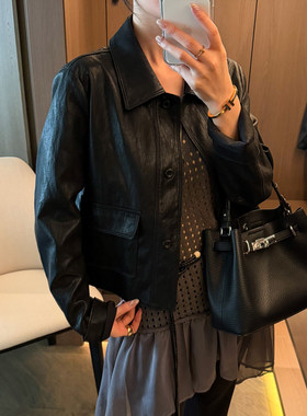 复古翻领蛋白皮PU皮衣女欧洲站潮