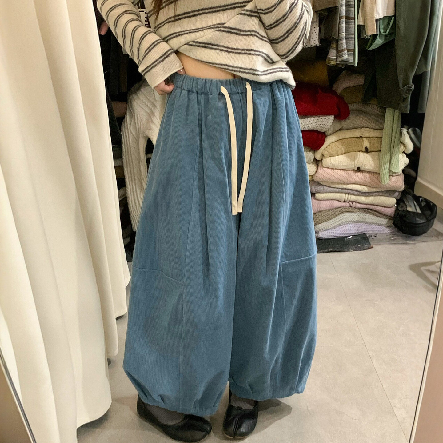 抽绳系带灯芯绒弯刀阔腿裤女欧货