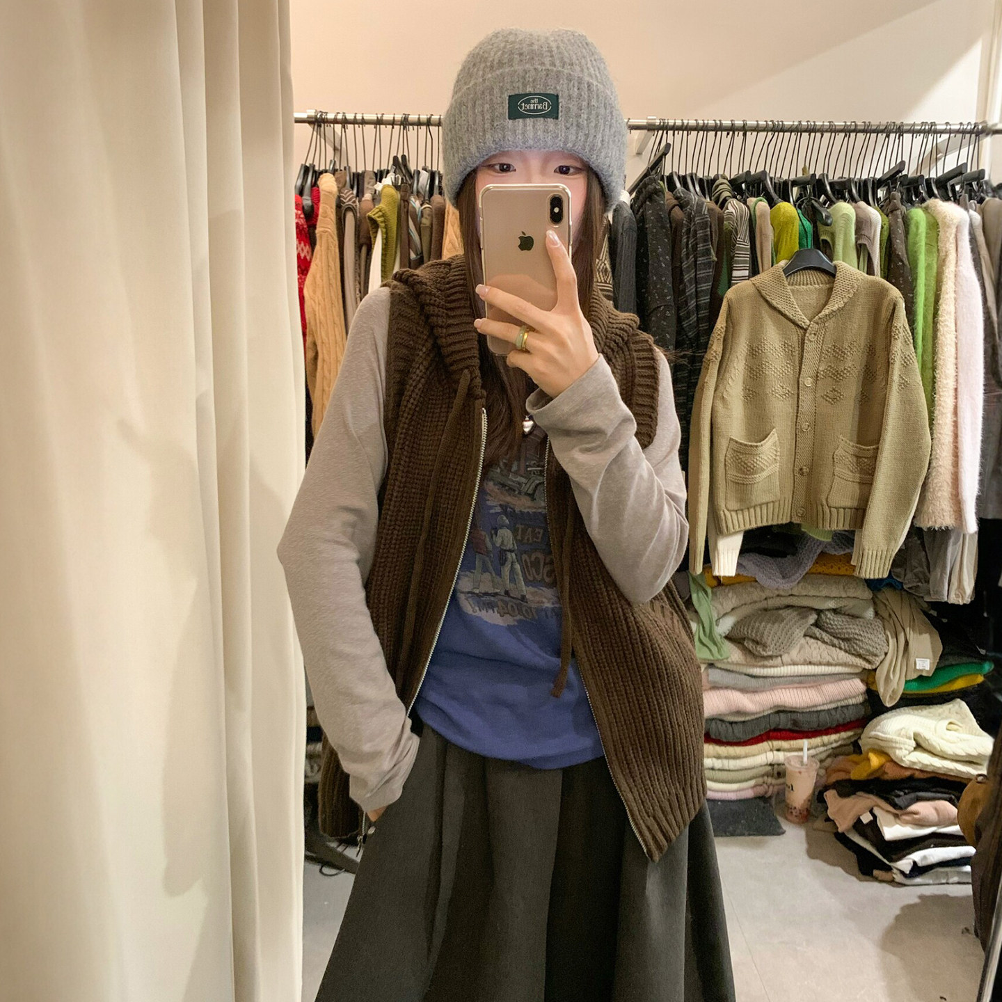 抽绳连帽羊毛针织开衫马甲女欧货