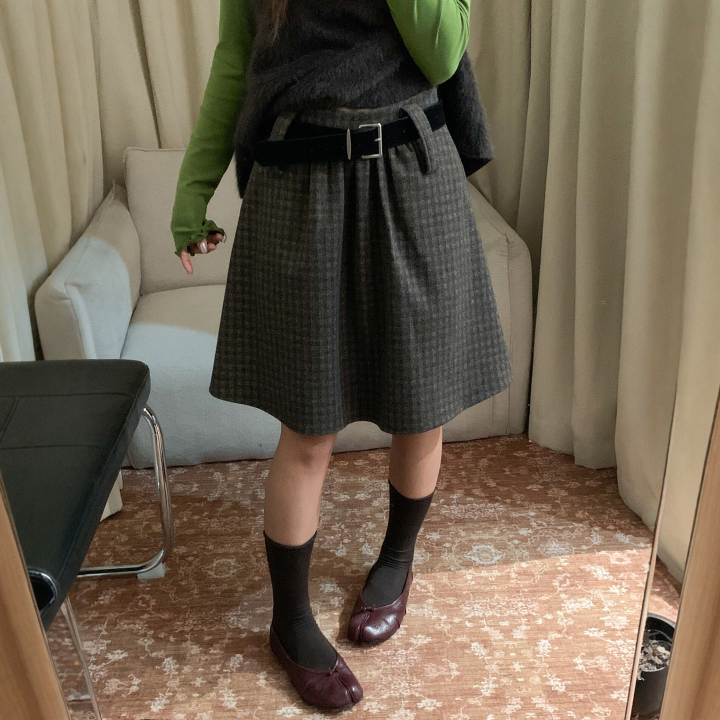 羊毛呢格子A字西装半身裙女欧货