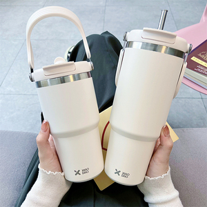 简约大容量双饮保温杯高颜值男女生吸管冰霸杯网红车载保冷咖啡杯