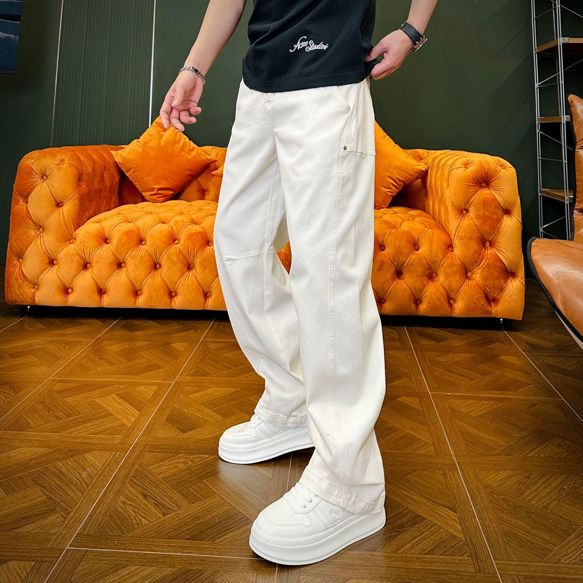 男装男士潮流时尚百搭舒适阔腿宽松弯刀休闲牛仔裤中腰微弹直筒裤