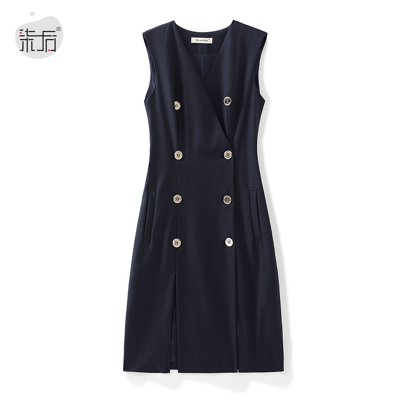 气场全开！高级质感精纺羊毛西装马甲裙无袖双排扣修身开叉背心裙