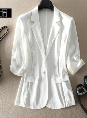 特#夏薄款重磅真丝修身西装外套女气质七分袖桑蚕丝显白绿色西服