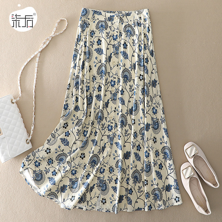 2025夏季女装法式通勤赫本风复古高腰大摆印花苎麻中长款半裙子女,女装/女士精品,半身裙,淘宝优惠券,粉丝福利购,淘宝优惠卷