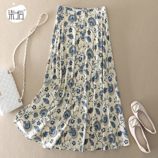半裙子女 通勤赫本风复古高腰大摆印花苎麻中长款 2016春夏女装 法式