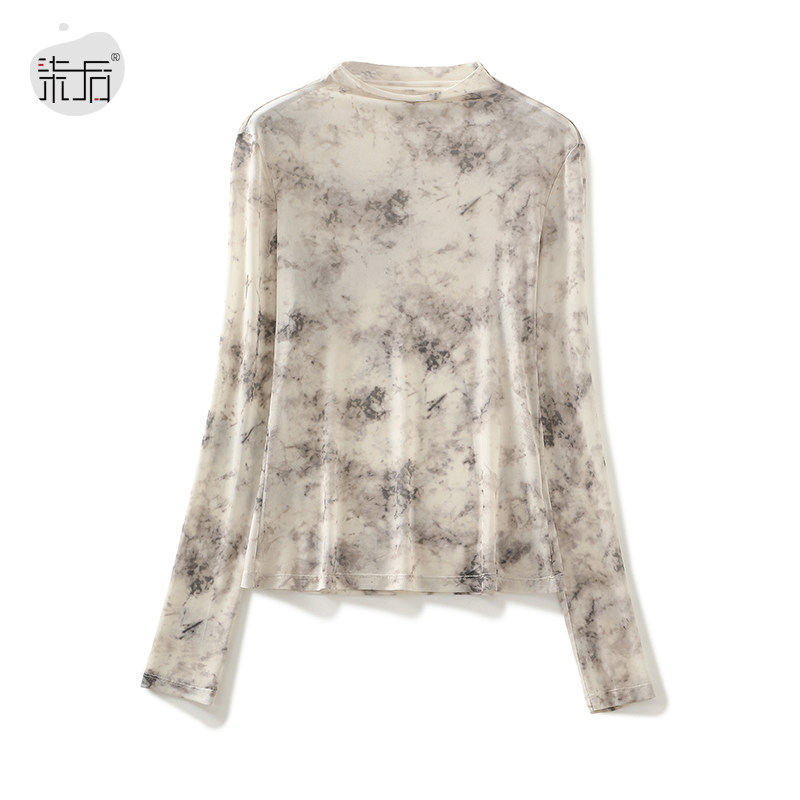 复古印花J进口网纱打底衫女T恤单穿内搭修身显瘦弹力半高领上衣潮