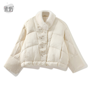 商场同款！高端大牌刺绣钉珠精致时尚保暖鹅绒毛领羽绒服短外套女