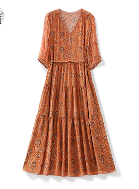 高档真丝连衣裙100桑蚕丝气质V领热情橙色印花高腰显瘦A字长裙夏