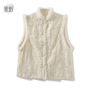 时尚名媛气质奢美丝绒亮丝刺绣钉珠水貂毛领无袖马甲上衣外套女冬