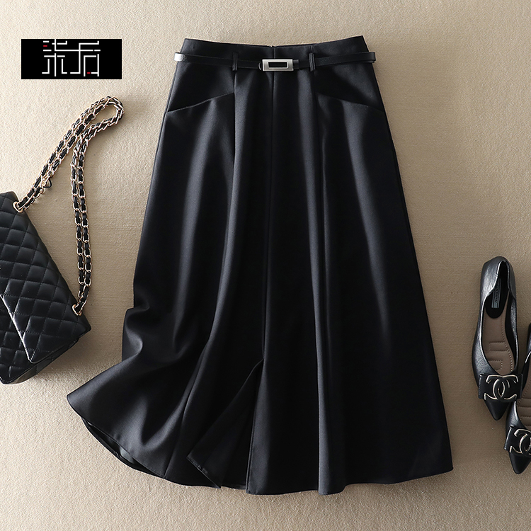 轻奢精纺绵羊毛高腰A字大摆半裙