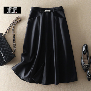 优雅赫本风高端轻奢精纺绵羊毛高腰A字大摆半裙ol高级通勤小黑裙