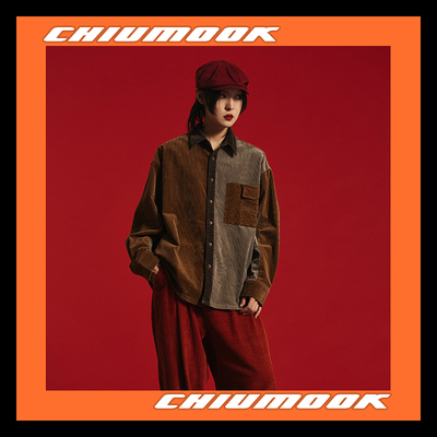 OSCILL 棕色灯芯绒拼接长袖衬衫