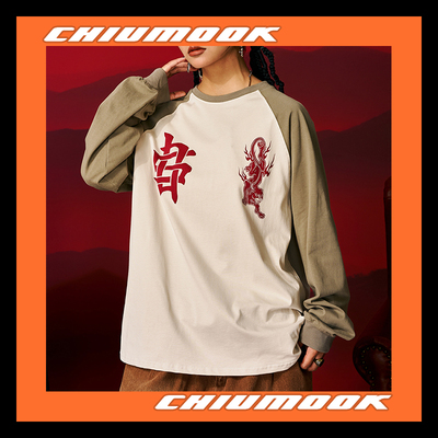 OSCILL 祥瑞吉祥结龙印花长袖插肩T恤