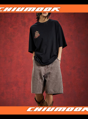 OSCILL 拼接水洗斜线五分牛仔短裤