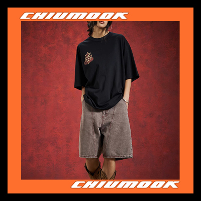 OSCILL 拼接水洗斜线五分牛仔短裤