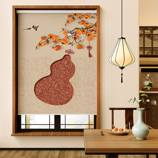 新中式免打孔卫生间浴室窗帘卷帘防水出租屋卷拉式安装窗户遮挡帘