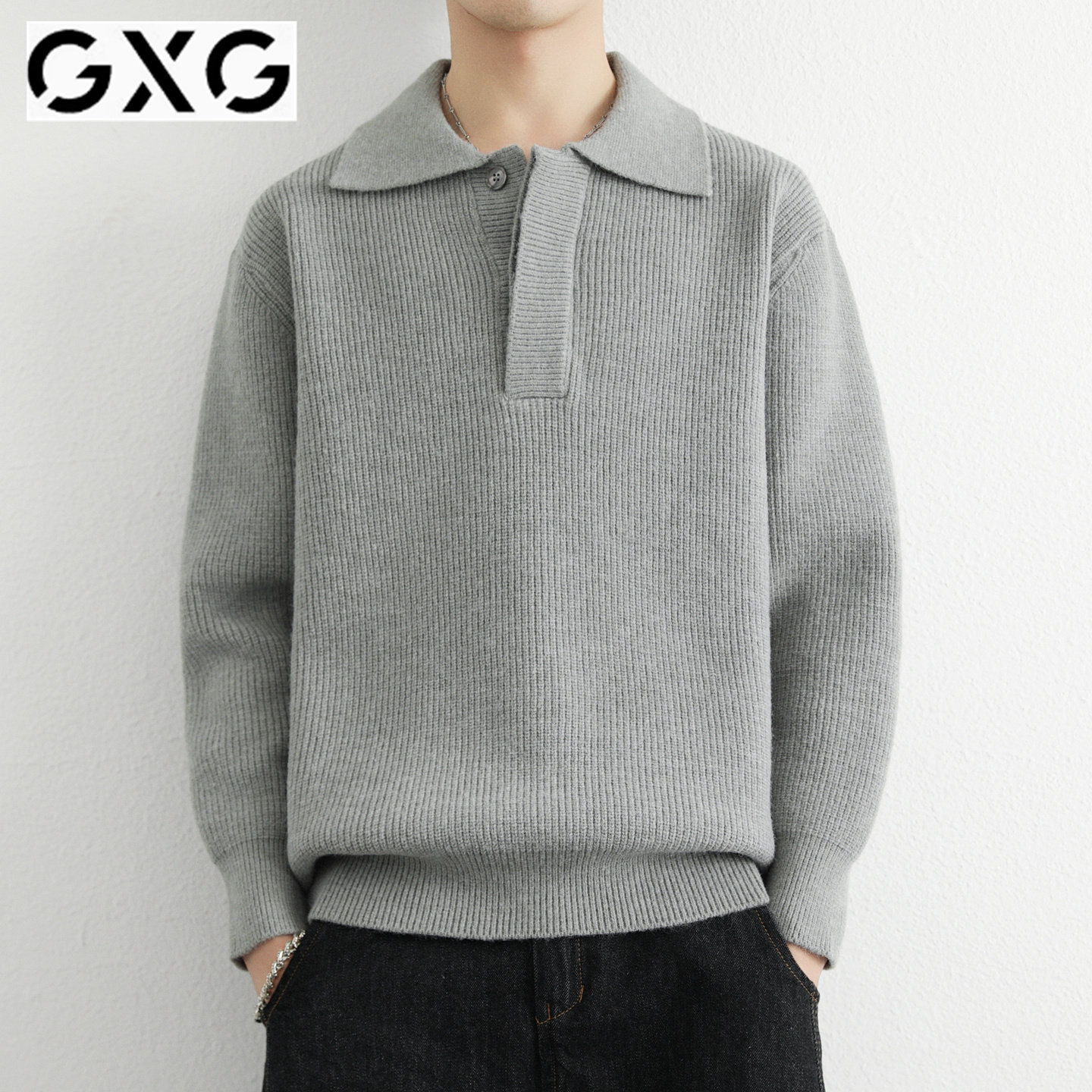 GXG翻领毛衣男秋冬2025新款打底衫宽松休闲羊毛衫男青少年针织衫