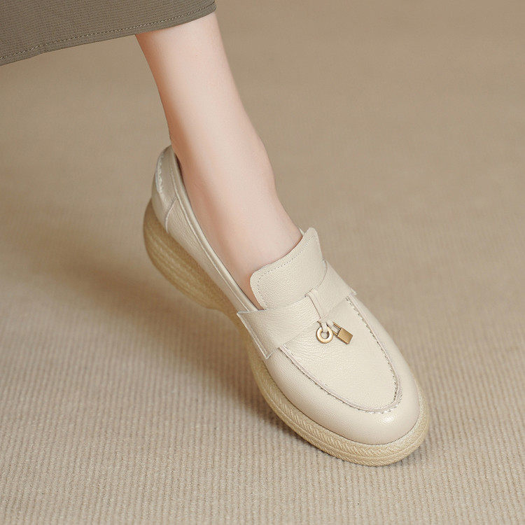 5cm复古风真皮厚底乐福鞋女一脚蹬松糕圆头坡跟单鞋小个子休闲鞋,女鞋,乐福鞋（豆豆鞋）,淘宝优惠券,粉丝福利购,淘宝优惠卷