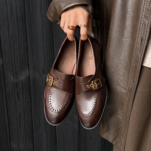 1.5cm皮带扣英伦风乐福鞋女2026新款小皮鞋真皮法式圆头平底单鞋