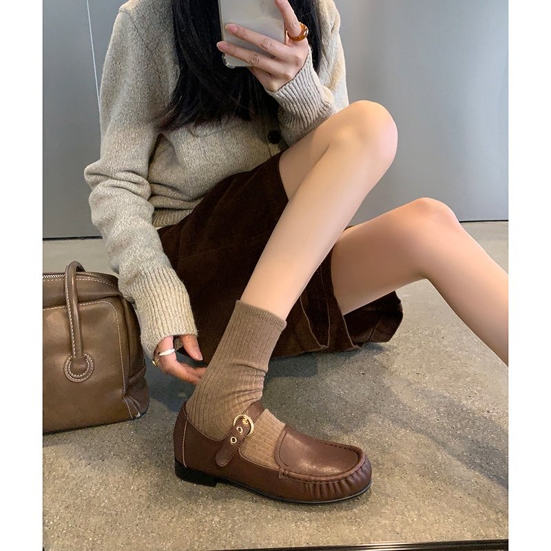 1.8cm玛丽珍一字扣带褶皱乐福鞋女复古时尚美拉德风棕色真皮单鞋,女鞋,深口单鞋,淘宝优惠券,粉丝福利购,淘宝优惠卷
