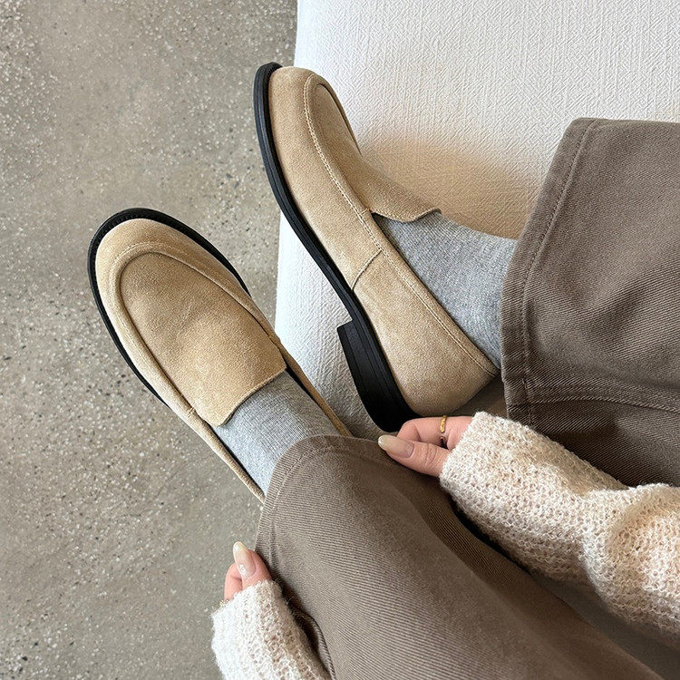2.5cm老钱风牛反绒真皮乐福鞋女软皮一脚蹬懒人鞋圆头平跟小单鞋