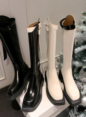 甜酷方头粗跟厚底真皮骑士靴女2024秋冬新款斜口长靴不过膝高筒靴