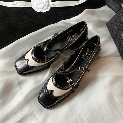 法式小香风交叉扣带粗跟玛丽珍小皮鞋女英伦风布洛克雕花浅口单鞋