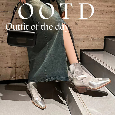 真皮欧洲站短靴女秋冬单靴拼色粗高跟个性方头切尔西靴牛仔马丁靴