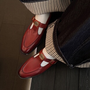 1.5cm老钱风乐福鞋新款真皮软皮平底软底不累脚小皮鞋红色小单鞋