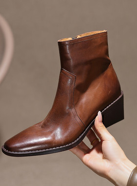 复古手工牛皮粗跟西部牛仔靴女2024秋冬中高跟瘦瘦短靴马丁骑士靴