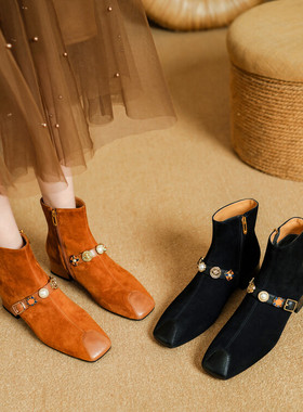 翻毛皮短靴女2024新款春秋单靴方头中跟粗跟真皮水钻磨砂皮侧拉链