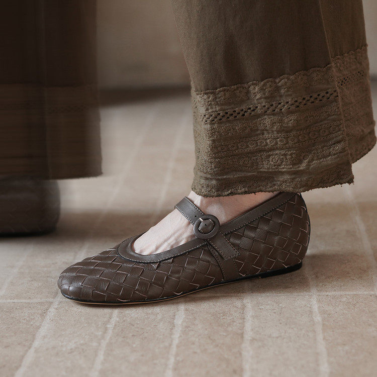 5cm编织浅口单鞋软面皮内增高一字扣带时尚玛丽珍鞋法式简约复古