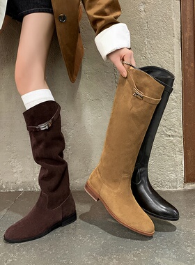 欧货爆款时尚牛翻皮骑士靴2025秋冬新款圆头粗跟皮带锁扣高筒长靴