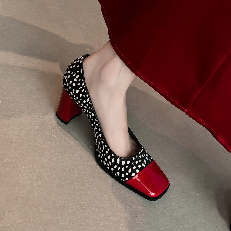 7cm法式浪漫风真皮拼色波点粗跟单鞋女方头高跟鞋气质高级不累脚