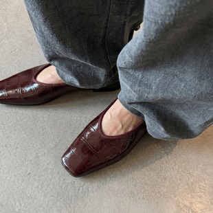 女平跟软面软底芭蕾鞋 2cm法式 气质极简通勤方头鳗鱼纹理浅口单鞋