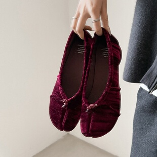 1cm/3cm法式酒红丝绒分趾猪蹄芭蕾舞鞋女粗跟外穿一脚蹬浅口单鞋