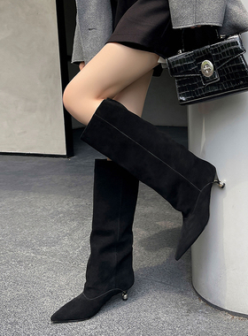 韩版时尚简约宽松气质长靴2025秋冬新款尖头细跟不过膝高筒骑士靴