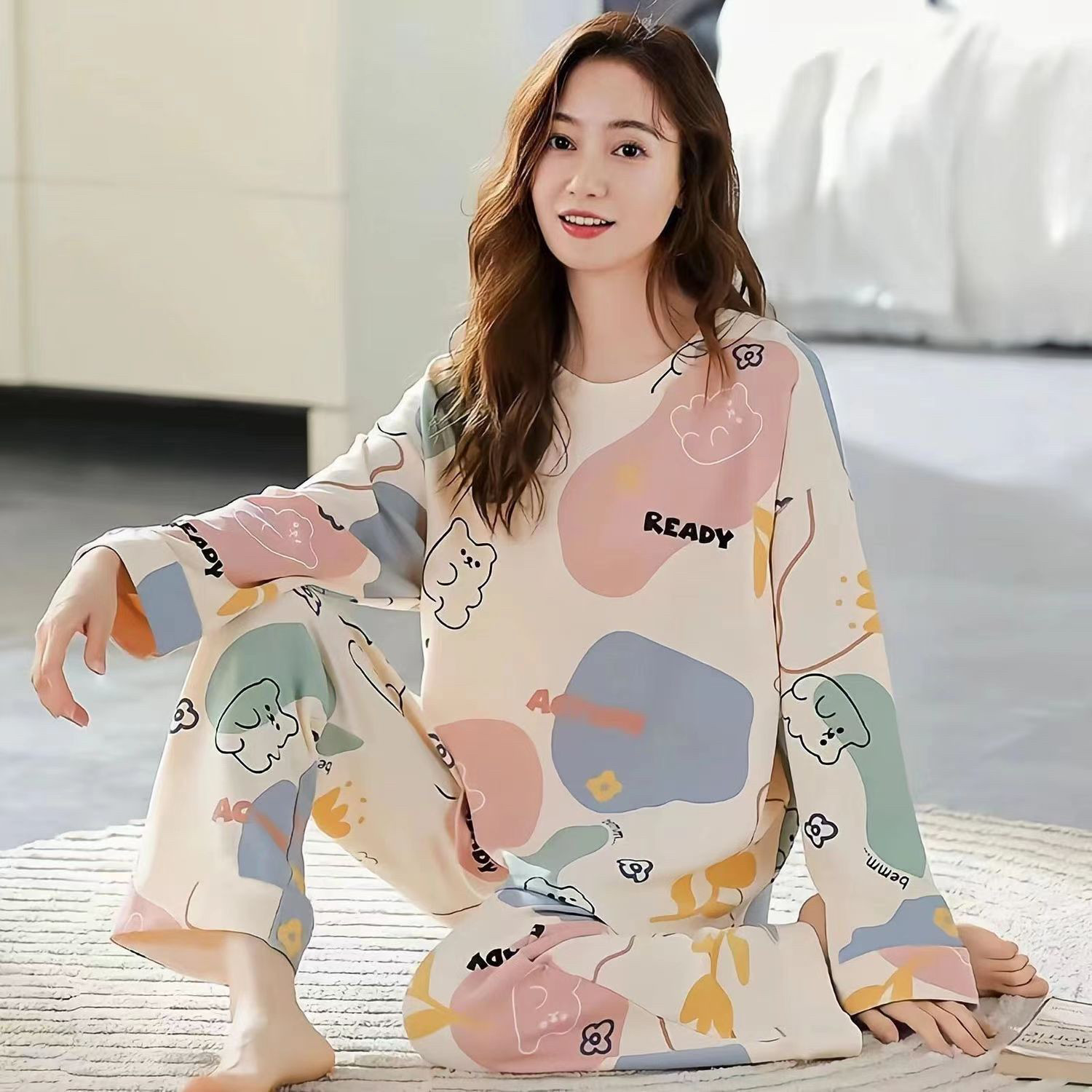 女圆领春秋冬长袖妈妈中年中老年套装肥加大码宽松睡衣家居服纯棉