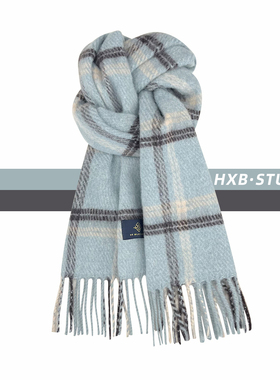 韩版ins格子仿羊绒围巾女冬季保暖高级感蓝色显白护颈流苏围脖潮
