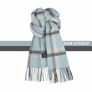 韩版ins格子仿羊绒围巾女冬季保暖高级感蓝色显白护颈流苏围脖潮