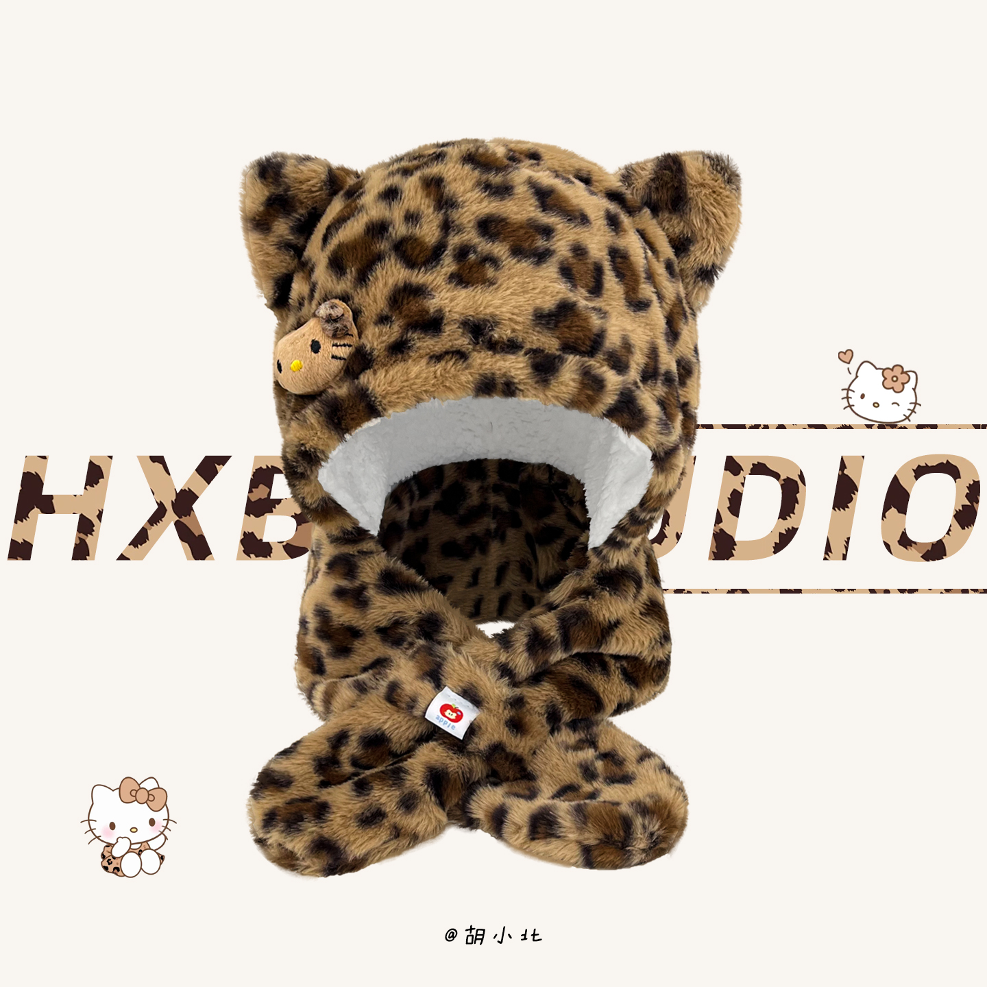 出游可爱女冬豹纹帽子围巾两件套