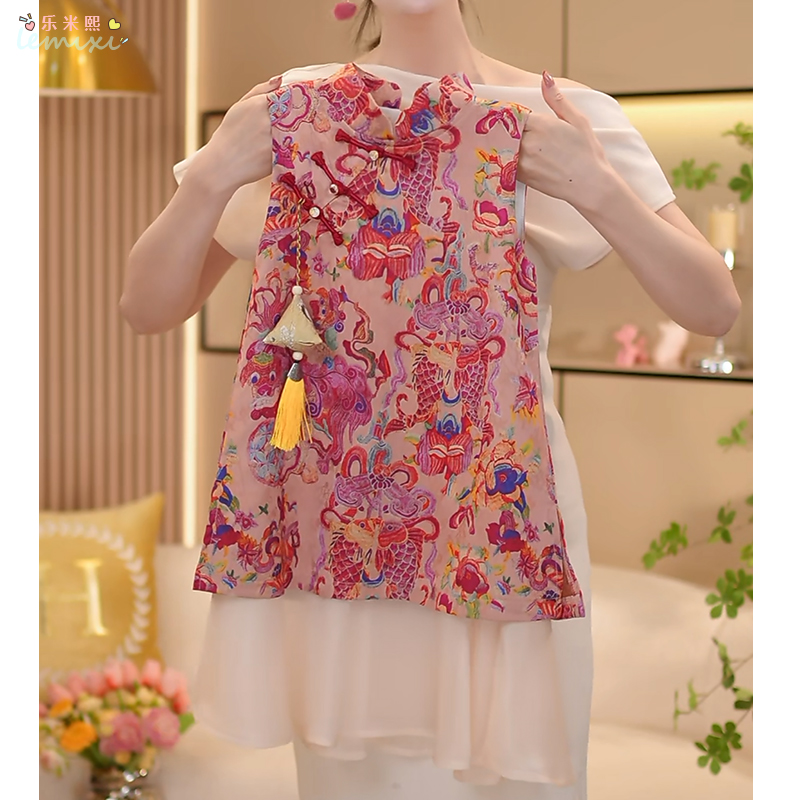 女童新中式无袖旗袍裙2025夏季假两件背心裙国风盘扣连衣裙提花潮